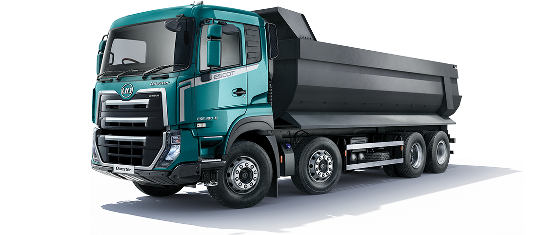 UD Trucks Quester — heavy-duty dump truck, studio shot on dark background